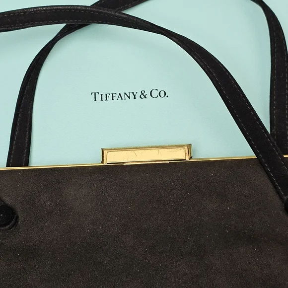 SIGHNED TIFFANY &CO ON BAG,8X8 INCH,BLACK SUEDE, GOLD FRAME STAMPED TIFFANY